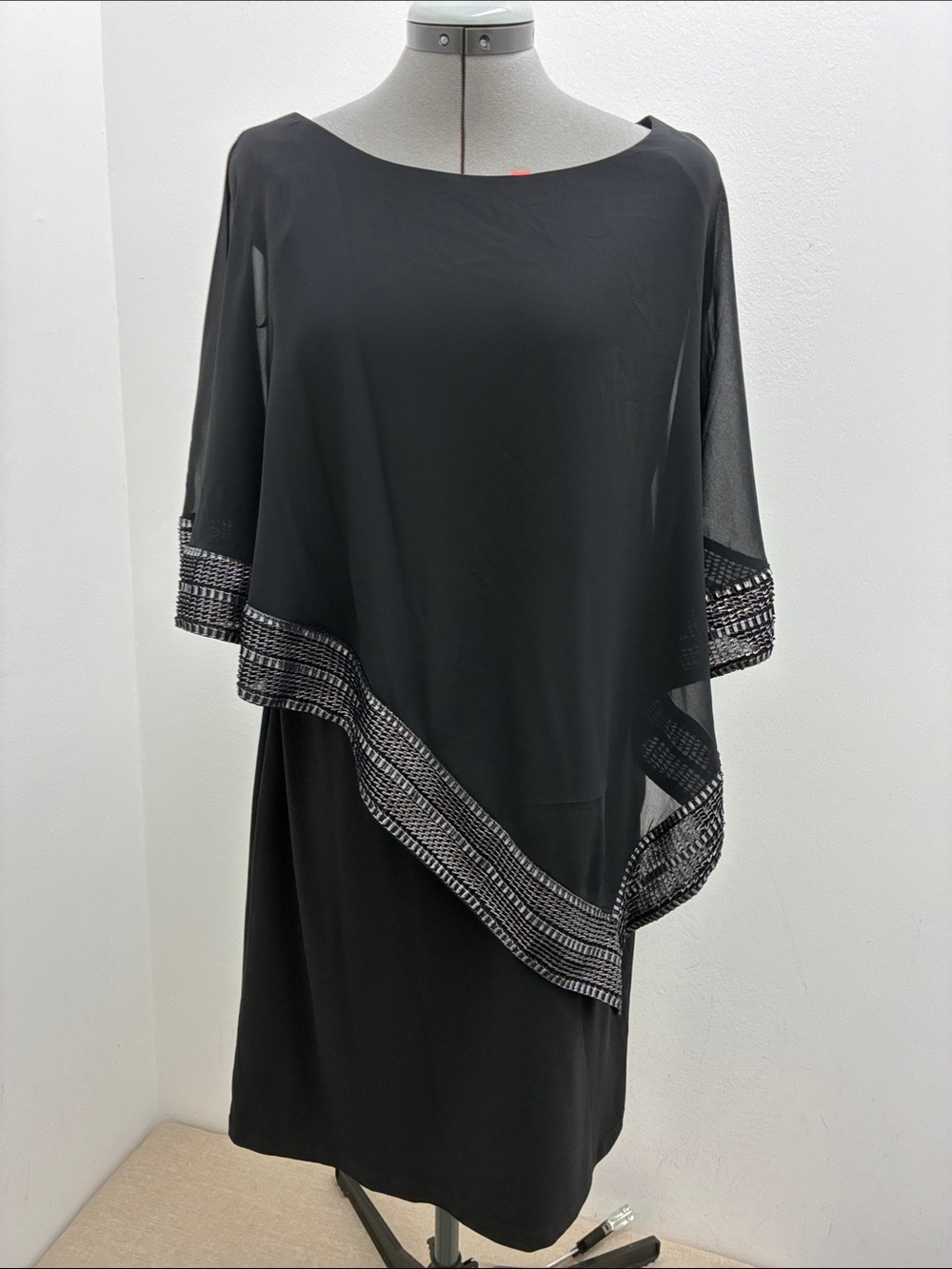 SLNY Black Asymmetrical Overlay Dress with Embellished Trim